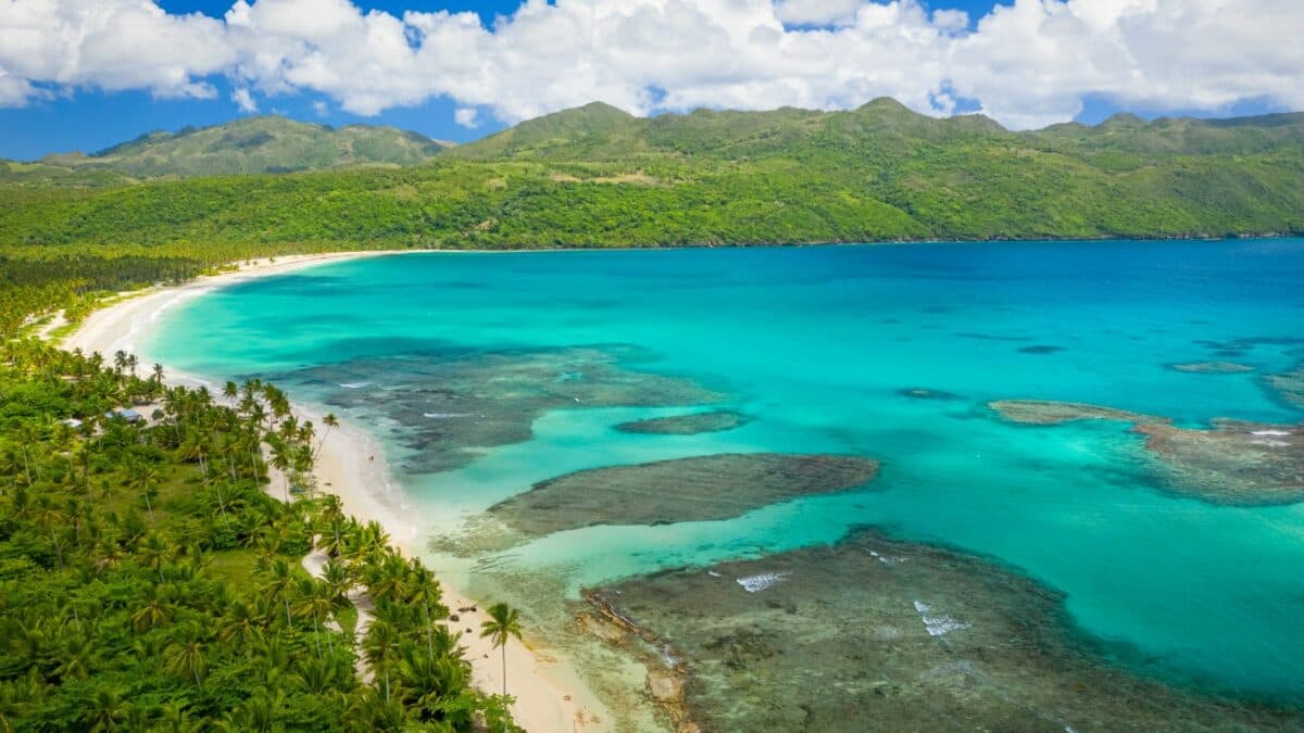 Samaná Peninsula aerial view with turquoise water and white sand beaches